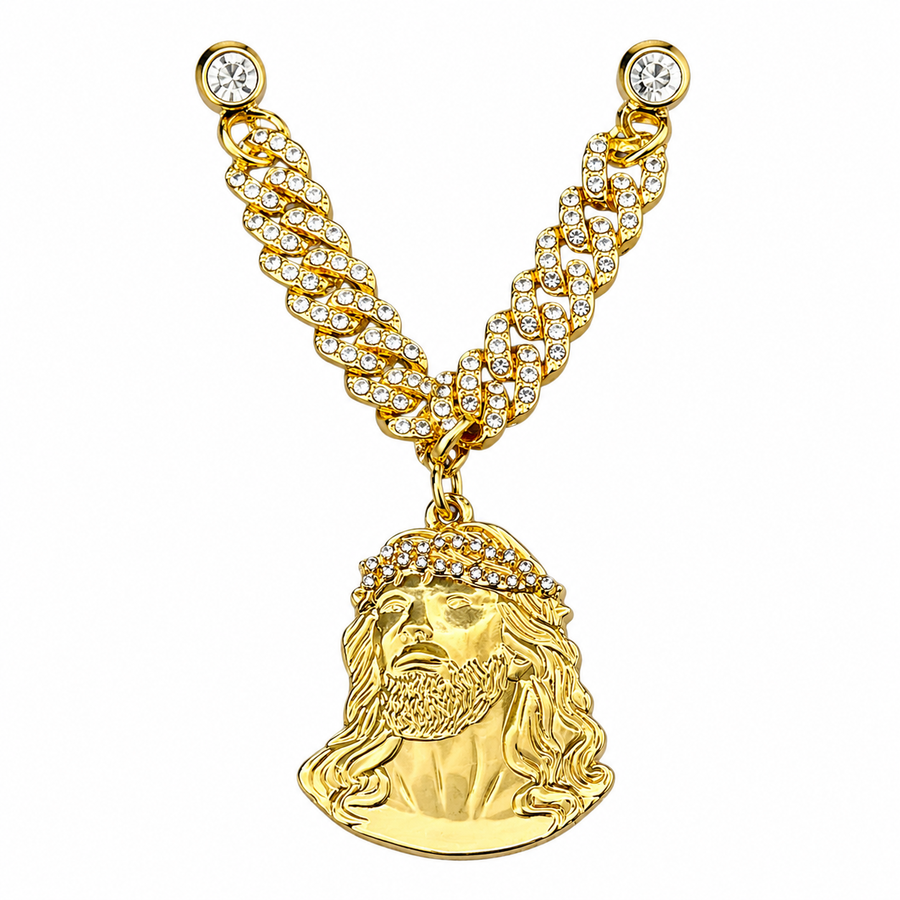 Jesus Piece Pendant With Cuban Chain Gold with Diamonds Hat Pin